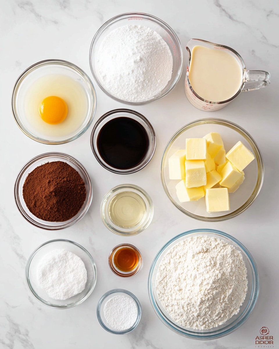 The image shows nine clear glass bowls and a glass measuring cup arranged neatly on a white marbled surface. Starting from the top left, there is a small bowl with one egg yolk and white, a large bowl filled with white granulated sugar, and on the right, a glass measuring cup with light beige milk. Below the egg bowl is a small bowl of dark brown liquid, next to it on the right is a medium bowl with brown cocoa powder. To the right of the cocoa powder is a medium bowl filled with six yellow butter cubes. Below the dark liquid bowl is a small bowl with clear liquid, followed by a small bowl with amber-colored vanilla extract to its right. Below these are two small bowls, one with white granulated salt and the other with white powder (likely baking powder), and finally, a large bowl filled with white flour to the bottom right. The bowls and measuring cup are evenly spaced, creating a clean and organized view of the baking ingredients. Photo taken with an iphone --ar 4:5 --v 7