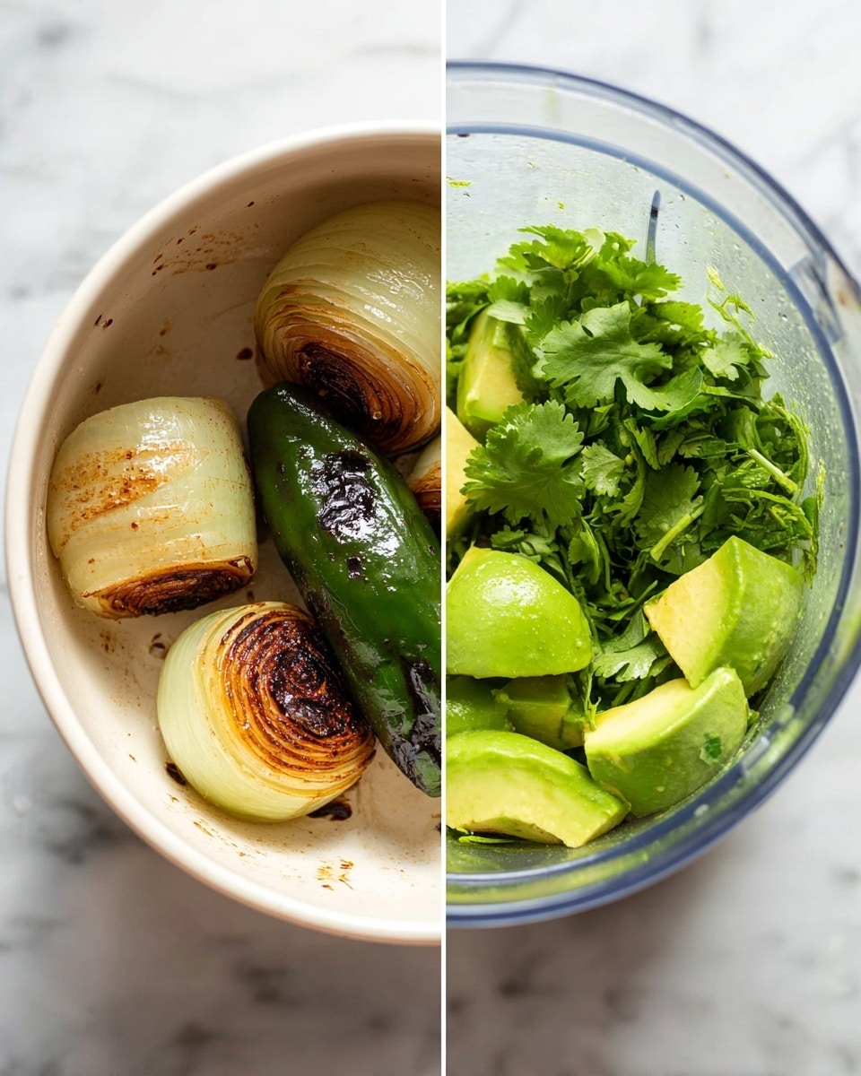 The left side shows a white bowl with three layers of cooked vegetables: three browned onion pieces with a soft, translucent texture placed around the edges, and one charred green chili pepper with a shiny, darkened skin lying diagonally across the center. The right side shows a transparent blender bowl on a white marbled surface filled with bright green smooth avocado slices, some light green creamy avocado chunks, and fresh green cilantro leaves clustered on one side. Photo taken with an iphone --ar 4:5 --v 7