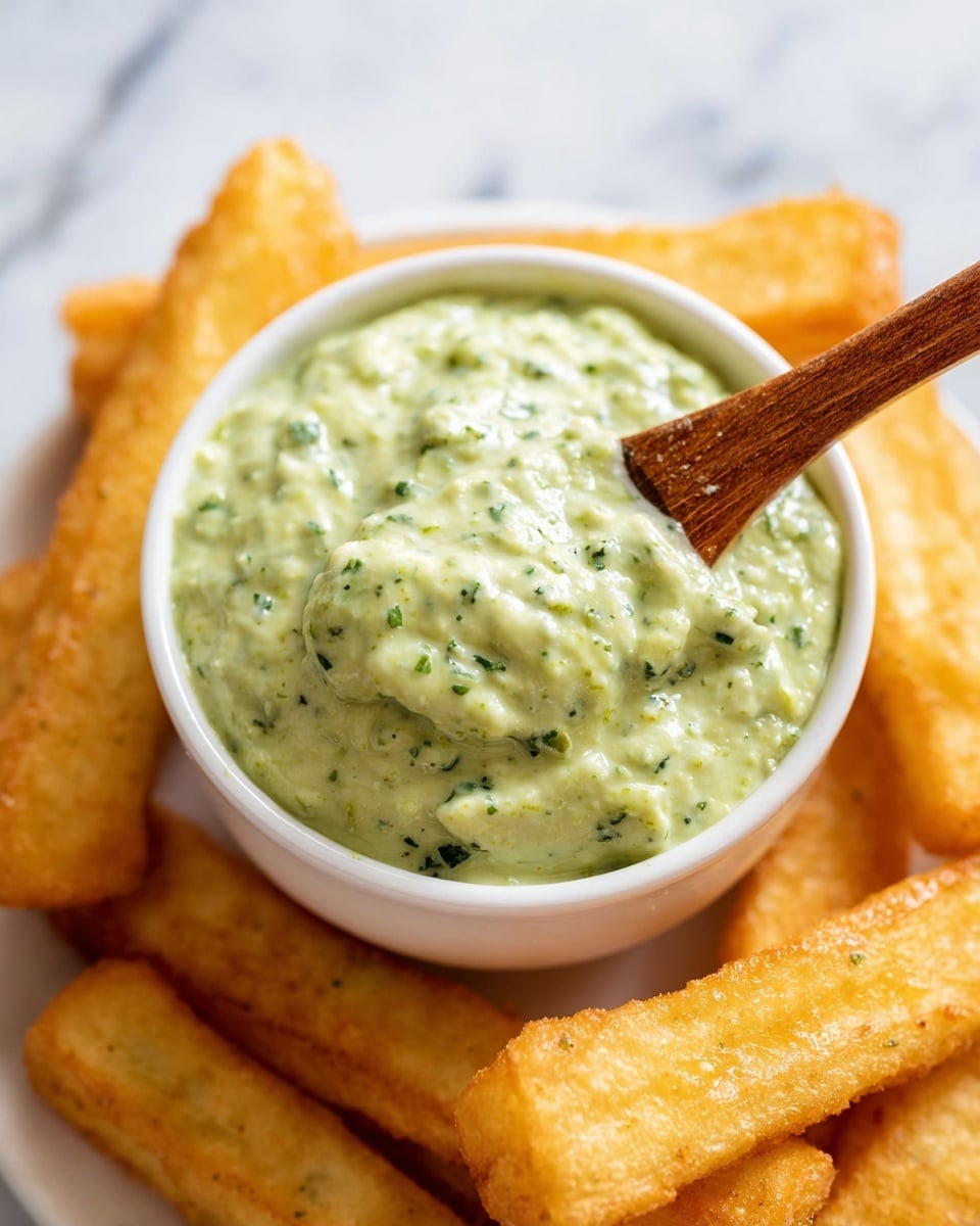 The image shows a small white bowl full of thick, creamy green sauce with small bits of herbs mixed in, giving it a speckled texture. A wooden spoon is dipped into the sauce, partially covered with it, resting on the right side of the bowl. Surrounding the bowl are several rectangular golden-brown fried sticks with a crispy texture, all placed on a white plate. The scene is set on a white marbled surface. photo taken with an iphone --ar 4:5 --v 7