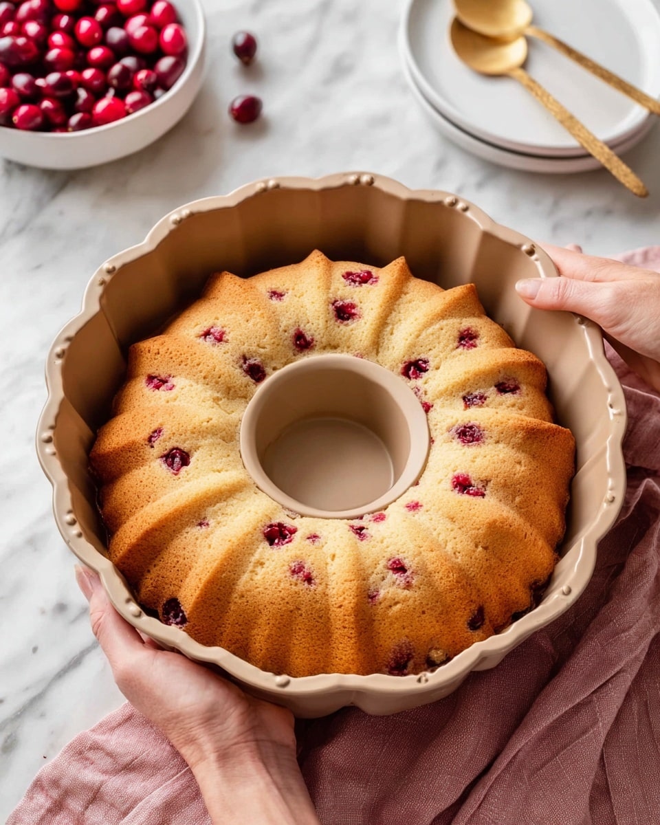 A golden brown bundt cake with a slightly cracked top showing a soft texture inside, baked in a beige bundt pan with decorative edges and a central hole; the cake has small red spots of fruit mixed throughout its surface, creating a splash of color against the light cake batter. The bundt pan is held by a woman's hand resting on a pink cloth, all set on a white marbled surface. In the background, there is a white bowl filled with fresh red cranberries and a white plate with a gold spoon nearby. photo taken with an iphone --ar 4:5 --v 7