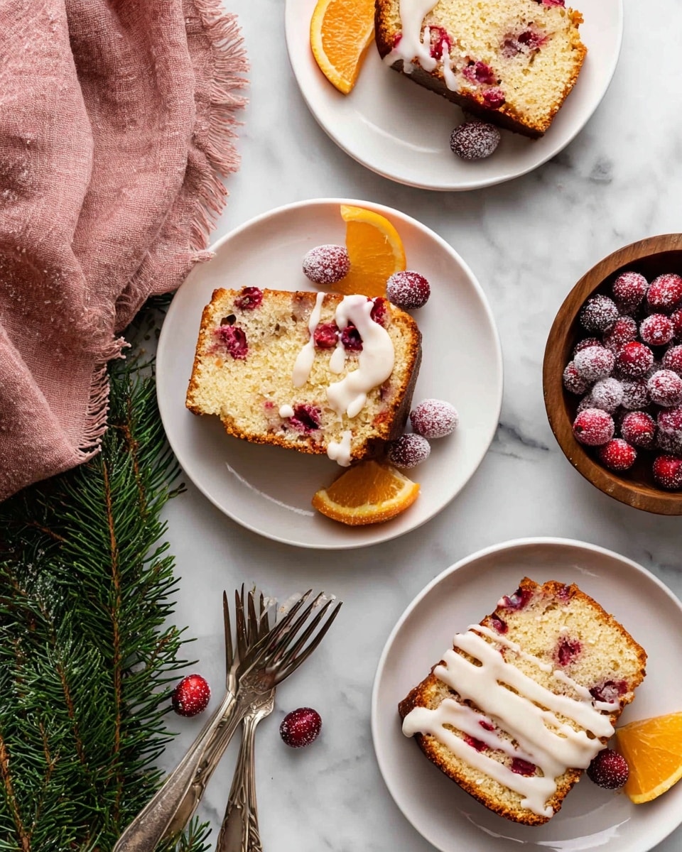 Three white plates sit on a white marbled surface, each holding a thick slice of cranberry cake with a light golden-brown crust and visible red cranberries inside. Each slice has a drizzle of white icing on top. On every plate, two sugared cranberries and a small wedge of orange rest beside the cake. In the upper right corner, part of another plate with cake is slightly visible. To the right, a small bowl filled with whole fresh cranberries sits next to two shiny silver forks. A soft pink cloth is placed near the top left corner, and green pine branches lay at the bottom left, adding a festive touch. photo taken with an iphone --ar 4:5 --v 7
