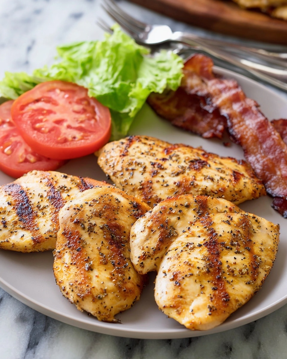 Four grilled chicken pieces with a golden brown color and black pepper scattered on top are placed on a white plate. Behind the plate, there are two red tomato slices and light green lettuce leaves on the left, and two strips of crispy bacon with a mix of dark and light brown colors on the right. The background surface is a white marbled texture with a fork partially visible in the upper right corner. Photo taken with an iphone --ar 4:5 --v 7