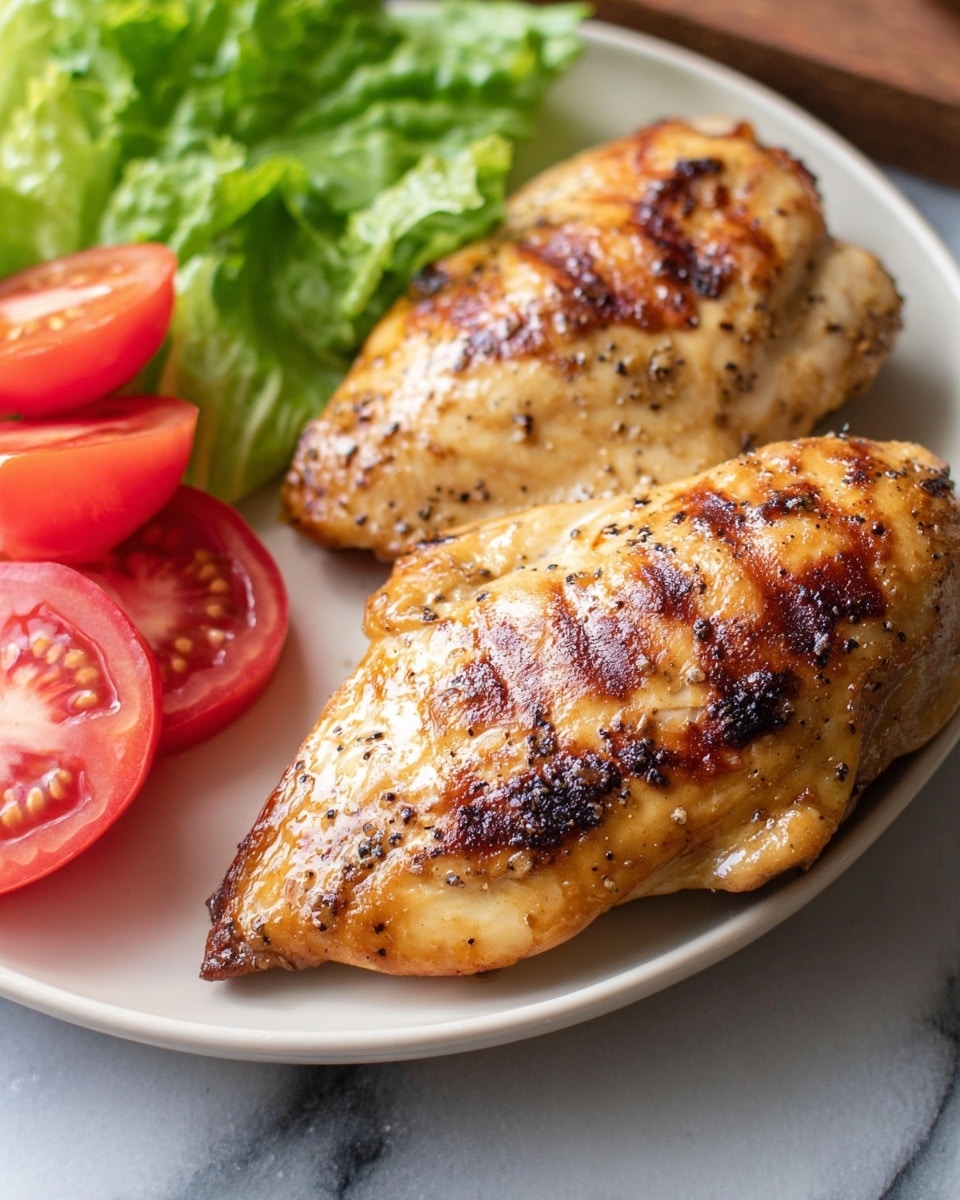 Two pieces of cooked chicken with browned, slightly charred surfaces and a shiny, moist texture sit on a white plate. The chicken has a golden-brown color with visible black pepper and a light glaze giving it a juicy look. To the left side of the plate, fresh green lettuce leaves and bright red, round tomato slices are placed, creating a fresh contrast. The plate rests on a white marbled surface that adds a clean and bright background. Photo taken with an iphone --ar 4:5 --v 7