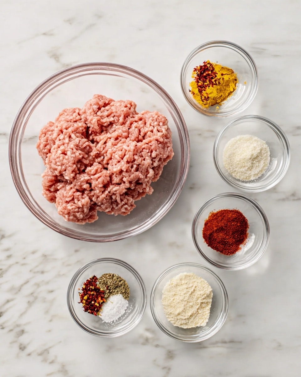 The image shows a clear glass bowl filled with light pink ground meat on the left side. To the right, six small clear glass bowls are arranged, holding different spices and seasonings: one with yellow and red flakes, one with brown and red powders, one with white granules, one with pale small bits, and one with fine white powder. All bowls sit on a white marbled surface. Photo taken with an iphone --ar 4:5 --v 7
