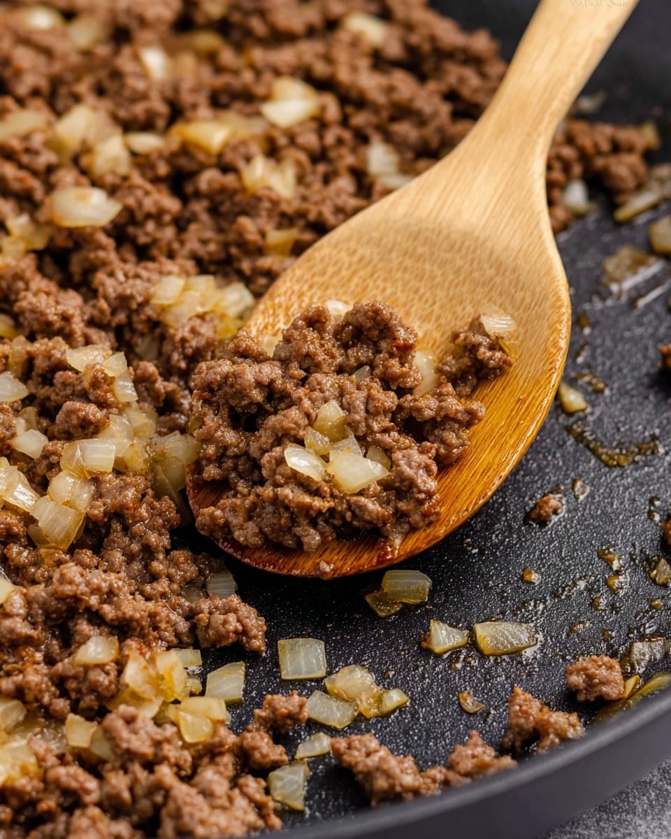 A black frying pan with browned cooked ground meat mixed with small chopped onions, spread evenly in the pan. A light wooden spatula rests inside the pan, partially lifting some of the meat. The pan has a silver handle with the brand