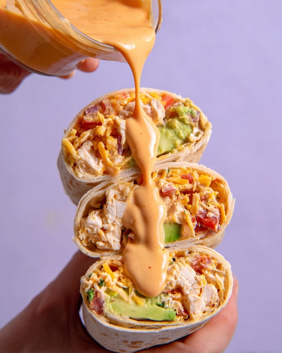 A close-up view of a soft, light beige tortilla wrap being folded by a woman's hand, revealing inside layers including shredded light green lettuce, chunky bright green avocado pieces, red tomato bits, tender white chicken pieces, and a drizzle of creamy orange sauce on top. The white marbled surface is softly visible beneath. photo taken with an iphone --ar 4:5 --v 7