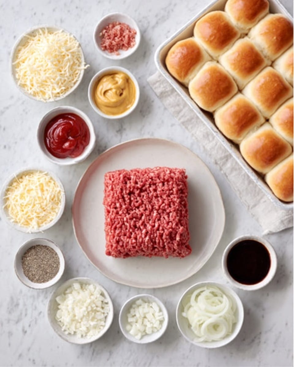 The image shows a flat white plate placed on a white marbled surface, holding a rectangular block of raw ground meat with a deep red color and fine texture. Around the plate, there are small white bowls and containers holding different ingredients: one bowl with shredded white cheese, another with red ketchup, a small container with light brown mustard, a small bowl with a dark thick sauce, a small bowl with light-colored granules, a small white dish with white crumbled cheese, a small bowl of black pepper, a small bowl with sliced white onions, and a small container with thin red flakes. To the upper right side, there is a white tray holding a grid of sixteen soft, golden-brown dinner rolls tightly packed together. All items are set on a clean white marbled surface. photo taken with an iphone --ar 4:5 --v 7