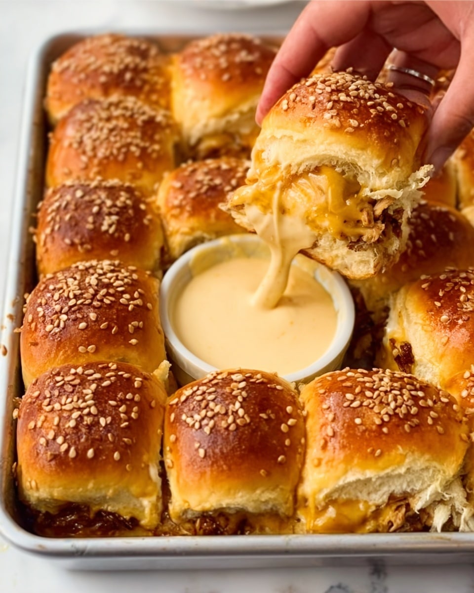 The image shows a close-up of golden brown slider buns covered with sesame seeds, arranged tightly in a white baking tray. Each bun is soft with a shiny top and is stuffed with layers of melted cheese, seasoned ground beef, and a rich sauce inside. A woman's hand is holding one slider, dipping it into a small white bowl filled with creamy, smooth cheese sauce placed in the middle of the tray. The background is a white marbled surface. photo taken with an iphone --ar 4:5 --v 7