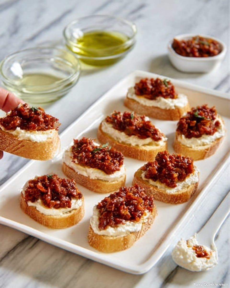 The image shows a white rectangular plate on a white marbled surface with eight round pieces of toasted bread, each topped with a layer of creamy white spread and a chunky reddish-brown mixture that looks like cooked minced meat or vegetables. In the background, there are three clear glass bowls, one with the same reddish topping, one with a greenish liquid, and one with more white creamy spread. A small white utensil with a bit of the creamy spread on it is on the surface near the plate. A woman's hand holds one of the pieces from the plate. photo taken with an iphone --ar 4:5 --v 7