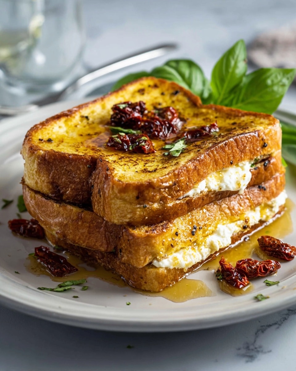 Two thick slices of golden brown French toast stacked on a white plate with a creamy white cheese layer in between. The top slice has a shiny layer of golden syrup with small dark specks, and several dark red sun-dried tomato pieces scattered over both slices and the plate. A small bunch of fresh green basil leaves rests at the back right of the plate. The plate sits on a white marbled surface, with a blurry clear glass and silver fork visible in the background. photo taken with an iphone --ar 4:5 --v 7