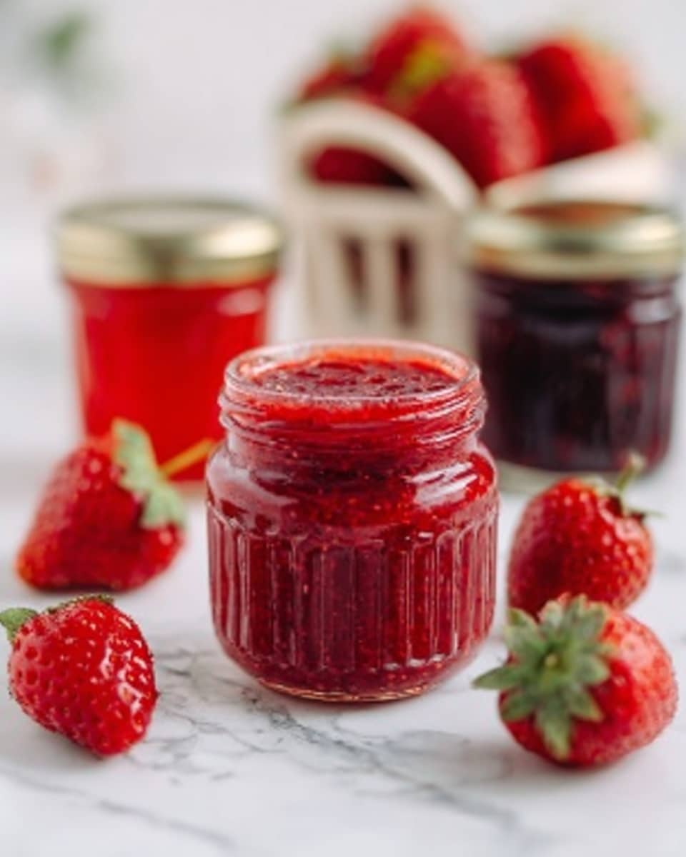 A small clear glass jar filled with bright red strawberry jam sits on a white marbled surface. Around the jar, there are five fresh strawberries, three whole and two with their green leaves, showing a smooth red texture with tiny seeds. Behind the jar, there are two more jars filled with different shades of red jams, one slightly darker and one similar in color. In the background, there is a small white basket filled with more red strawberries, slightly out of focus. The whole scene is bright, fresh, and colorful, with a soft natural light highlighting the shine on the glass and the freshness of the strawberries. photo taken with an iphone --ar 4:5 --v 7