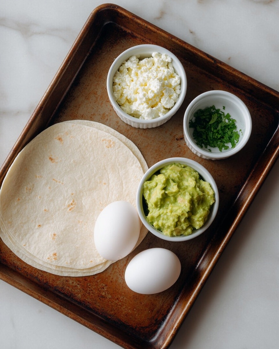 The image shows two whole eggs placed on a rusty brown baking tray with three small white ramekins arranged above them. One ramekin contains white crumbly cheese, another has green mashed avocado, and the last one holds finely chopped green herbs. To the left of the ramekins, a plain white flour tortilla is lying flat against the tray. The tray sits on a white marbled surface. photo taken with an iphone --ar 4:5 --v 7