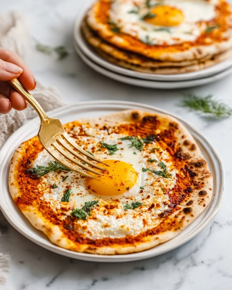 A white plate holds a flat round flatbread topped with a rich, reddish-orange sauce spread evenly as the base layer. Over this sauce, a cooked sunny-side-up egg with a bright yellow yolk and slightly crispy white edges sits in the center. Small green herb leaves are scattered gently on top, adding freshness and color. A woman's hand holds a gold fork poised over the dish, slightly touching the egg. The plate rests on a white marbled surface, and in the background, another white plate with a similar dish and a stack of flatbreads can be seen. photo taken with an iphone --ar 4:5 --v 7