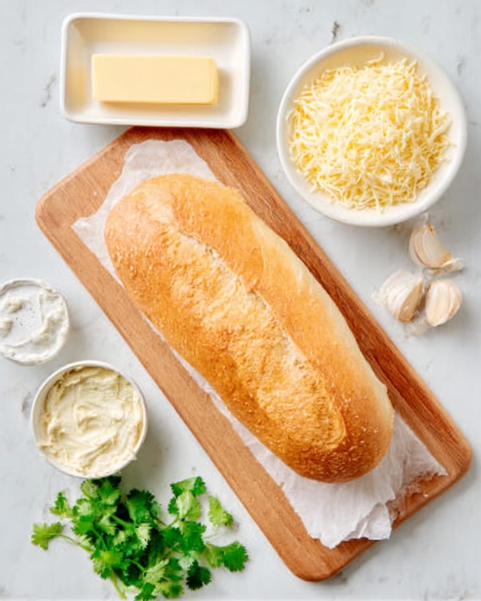 The image shows a wooden board with a loaf of crusty bread placed in the center. On the top right side, there is a small white bowl filled with shredded cheese. Above it, to the left, is a white butter dish holding a stick of butter. Below the bowl of cheese to the right, there is a small white bowl containing a creamy spread. To the right of the board, fresh green cilantro sprigs add color. Near the top right corner, two peeled garlic cloves rest on the white marbled surface. photo taken with an iphone --ar 4:5 --v 7