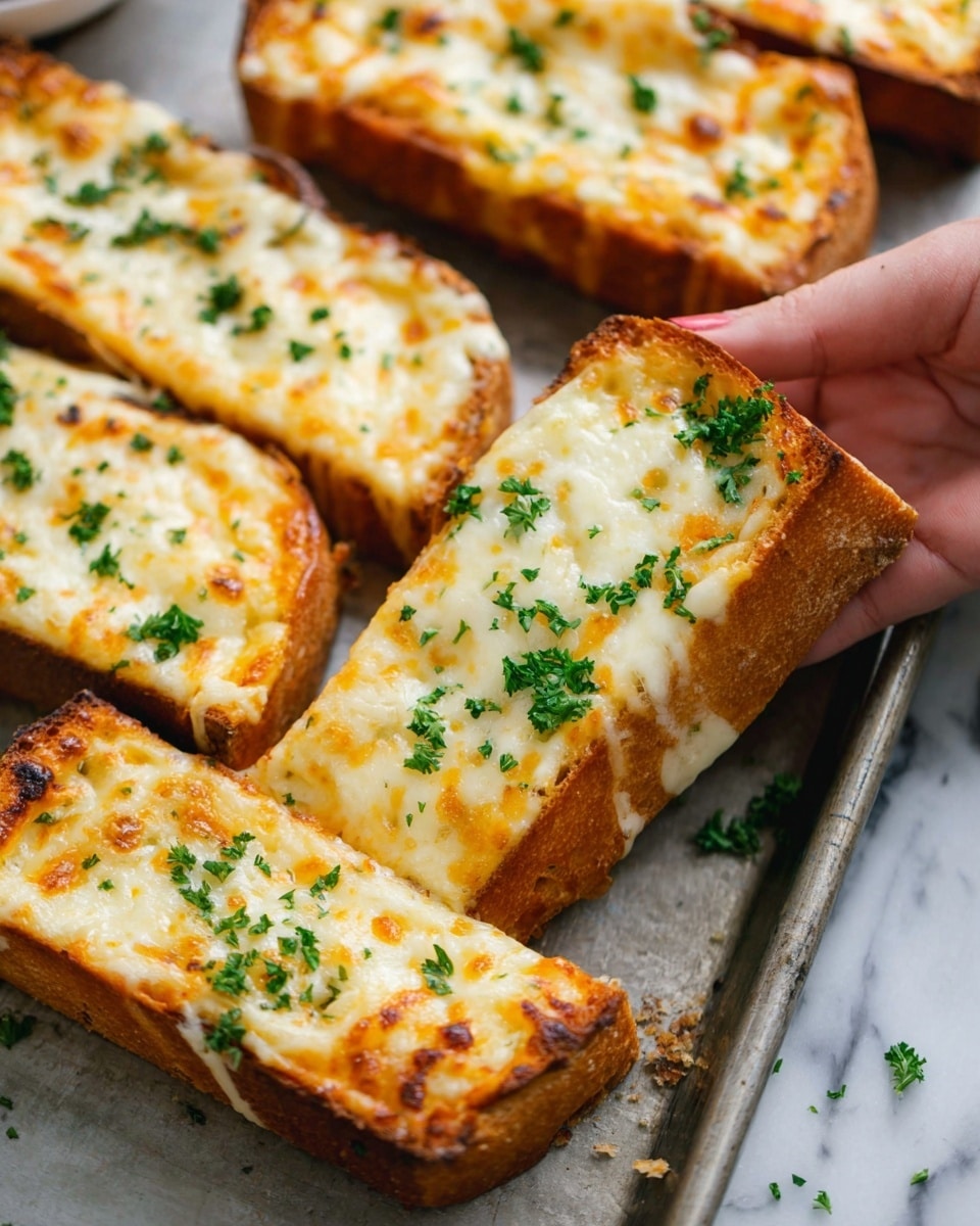 The image shows several slices of toasted bread topped with melted cheese, which is layered in two colors: white and light orange, covering the whole surface of the bread. The cheese is bubbly and slightly browned at the edges, giving it a warm, appetizing look. Small green parsley leaves are scattered on top, adding a fresh touch. The bread slices rest on a metal tray with some crumbs and scattered herbs around. A woman's hand is holding one slice gently from the right side of the image. The background has a white marbled texture. photo taken with an iphone --ar 4:5 --v 7