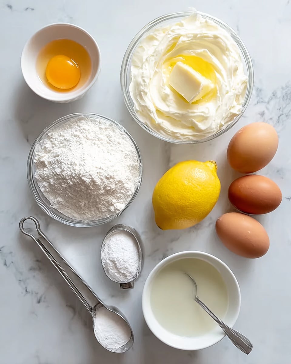 A top view of several ingredients arranged on a white marbled surface including three brown eggs placed near the upper right, a white bowl with a raw egg yolk and white in the top left, a clear glass bowl filled with thick white cream and a small pat of butter on top in the center, a small round glass bowl filled with white powder near the bottom center, a whole yellow lemon at the lower left, a white plate with a creamy white liquid and a small spoon resting inside it on the right, and a metal scoop filled with white powder at the left side. photo taken with an iphone --ar 4:5 --v 7