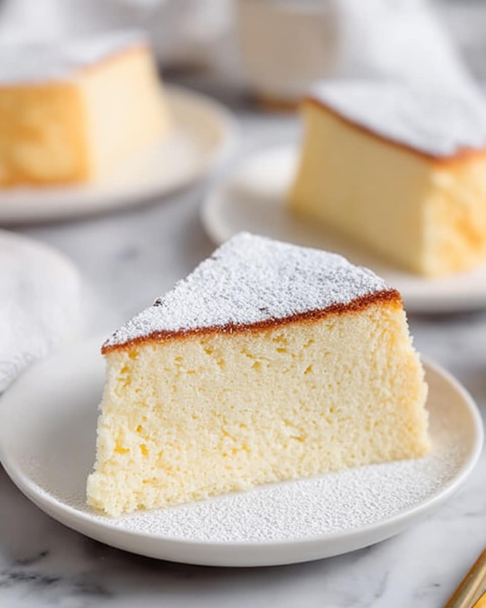 The image shows three slices of light yellow cake with a soft and fluffy texture. Each slice has one main layer topped with a thin, golden brown crust. The tops of the cake slices are dusted with white powdered sugar, adding a soft, snowy look. The slices are placed on simple white plates arranged on a white marbled surface. The background is bright and clean with soft natural light that highlights the fluffy texture of the cake. Photo taken with an iphone --ar 4:5 --v 7