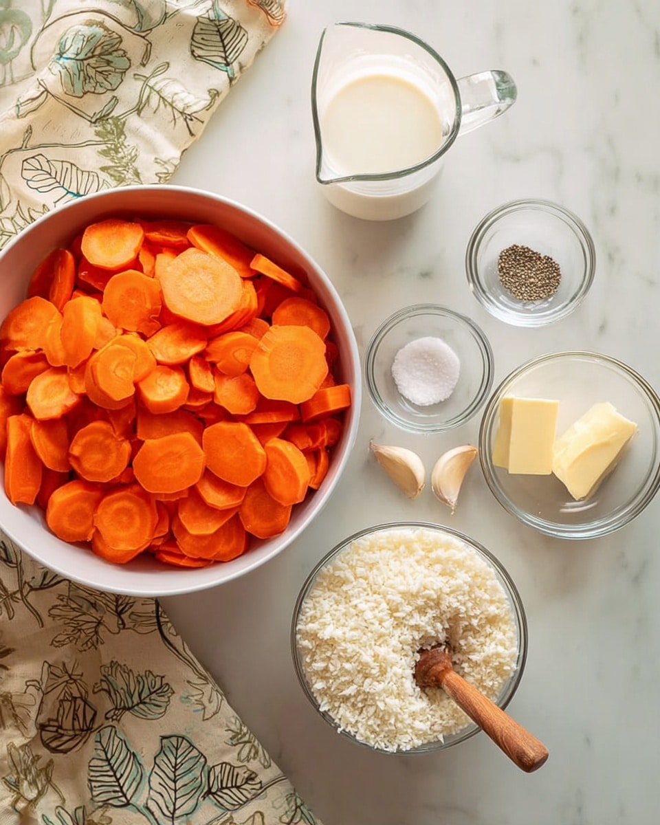 A large white bowl filled with many bright orange carrot slices takes the left side of the image, sitting on a white marbled surface. To the right, several small clear glass bowls hold different ingredients: one contains coarse white salt, another shows small black pepper flakes, a third has two peeled garlic cloves, and a fourth has a small pale yellow block of butter. In front of these, a bigger clear bowl is filled with white panko crumbs with a small wooden spoon inside. Behind this bowl is a clear measuring cup filled with white milk. A patterned beige and green cloth with leaf designs is partially visible on the far left of the white marbled surface. photo taken with an iphone --ar 4:5 --v 7
