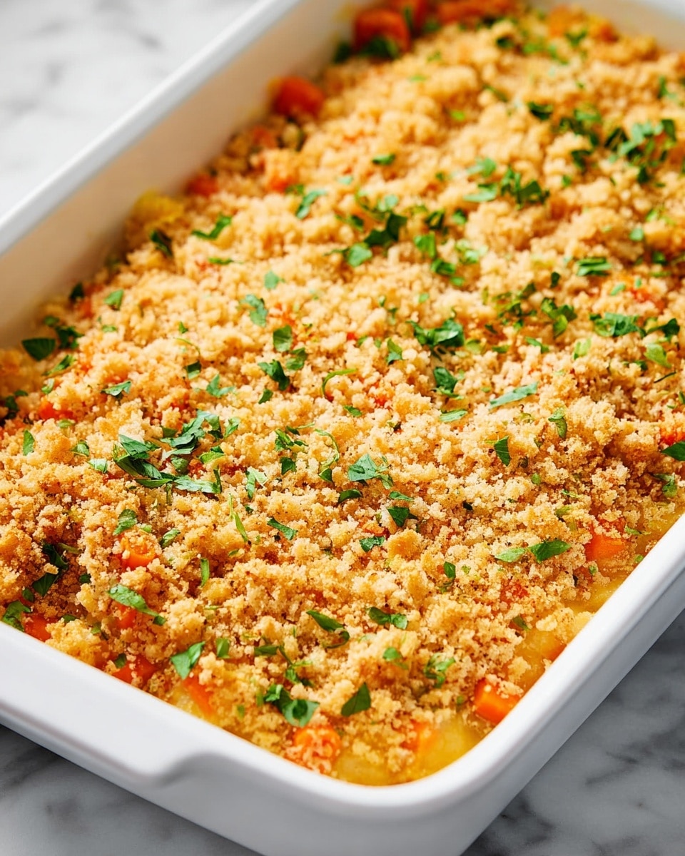A white rectangular baking dish filled with a two-layer casserole, with the top layer showing a golden-brown crumb topping that has a rough, crunchy texture. Underneath, there are visible hints of creamy, melted cheese mixed with soft, tender pieces of light orange vegetables, likely carrots, spread evenly across the dish. Fresh green herbs are sprinkled on top, adding a pop of color and freshness. The dish sits on a white marbled surface. photo taken with an iphone --ar 4:5 --v 7