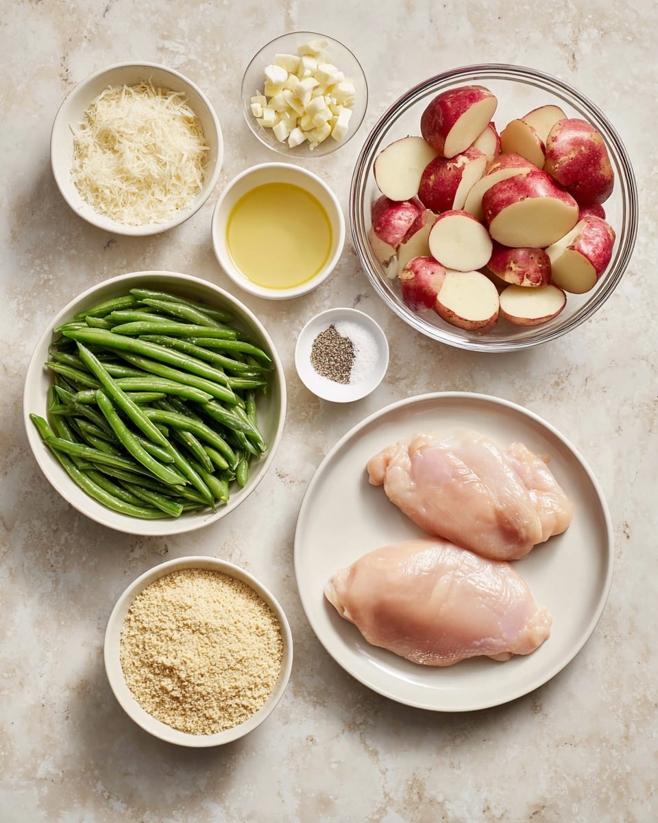 A collection of six white dishes and one clear glass bowl arranged over a white marbled surface, each holding different food ingredients: the clear glass bowl at the top right is filled with chopped red-skinned potatoes showing creamy white flesh with red skin bits; directly below it, a white bowl contains grated cheese with a fine crumbly texture in off-white; to the left of the cheese bowl, a small white bowl holds a mix of salt and ground pepper; below all these, a white plate at bottom right displays three raw, skinless chicken pieces in pale pink, smooth and moist; to the left, a white bowl is filled with fresh green beans that are long, slender, and vibrant green; above the green beans, another white bowl shows a heap of finely ground light-yellow cornmeal; the smallest dish, above the chicken, is a white ramekin filled with minced garlic, creamy yellow and finely chopped; and at the bottom left, a white bowl contains pale yellow oil. The scene is lit naturally and clearly showing soft shadows. Photo taken with an iphone --ar 4:5 --v 7