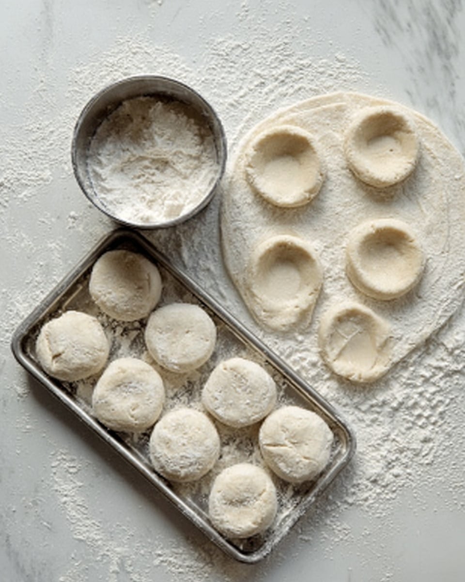 The image shows a white marbled surface with a round metal cutter filled with flour on the left side. To its right, there is a circular dough sheet with six round shapes already pressed into it, ready to be removed. Below, there is a metal baking sheet containing two rows of five round dough pieces arranged neatly. The whole scene is covered lightly with flour, showing a soft texture in the dough and a dusted white marbled background. Photo taken with an iphone --ar 4:5 --v 7