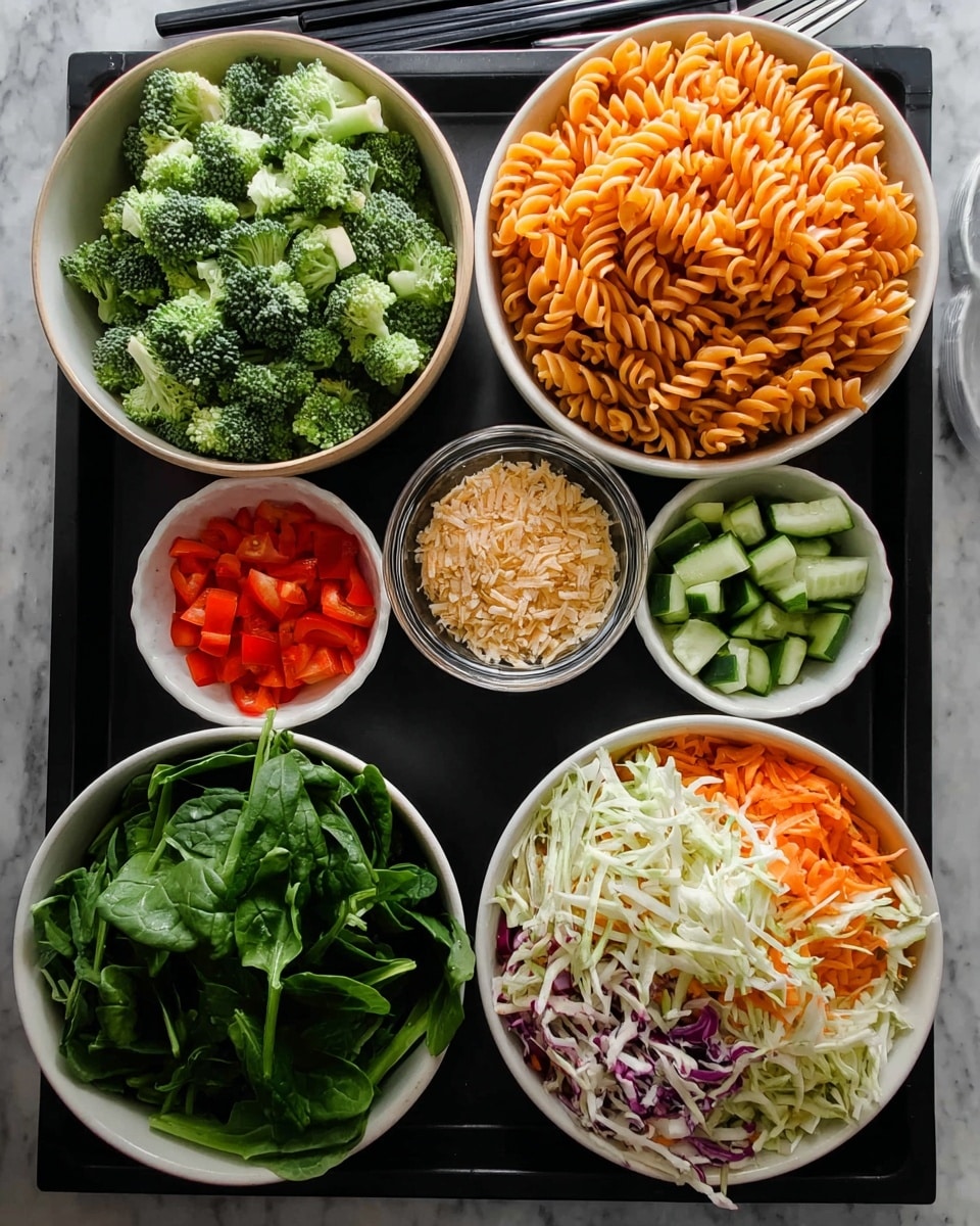 The image shows six bowls arranged on a black tray placed on a white marbled surface, each with different food items. In the top right is a bowl filled with light orange spiral pasta, next to it on the left is a bowl of chopped green broccoli. Below the broccoli is a white bowl holding small red bell pepper pieces. In the center is a small clear bowl filled with light beige flakes. To its right is another white bowl with chopped green cucumber pieces. At the bottom left is a white bowl filled with dark green spinach leaves, and next to it on the right is a white bowl of shredded mixed vegetables including white cabbage, orange carrots, and some purple cabbage. A pair of black forks is visible at the top of the tray. Photo taken with an iphone --ar 4:5 --v 7