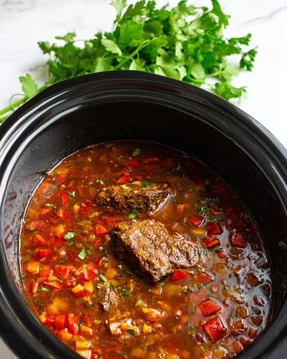 The image shows a black slow cooker filled with a rich stew that has two large pieces of browned meat partially submerged in a thick mixture of diced vegetables including red peppers, carrots, onions, and tomatoes. The stew has a reddish-brown broth that looks hearty and well-seasoned, with visible small chunks of vegetables floating throughout. Behind the slow cooker, there is a bunch of fresh green parsley resting on a white marbled surface. The scene is brightly lit with natural light. Photo taken with an iphone --ar 4:5 --v 7