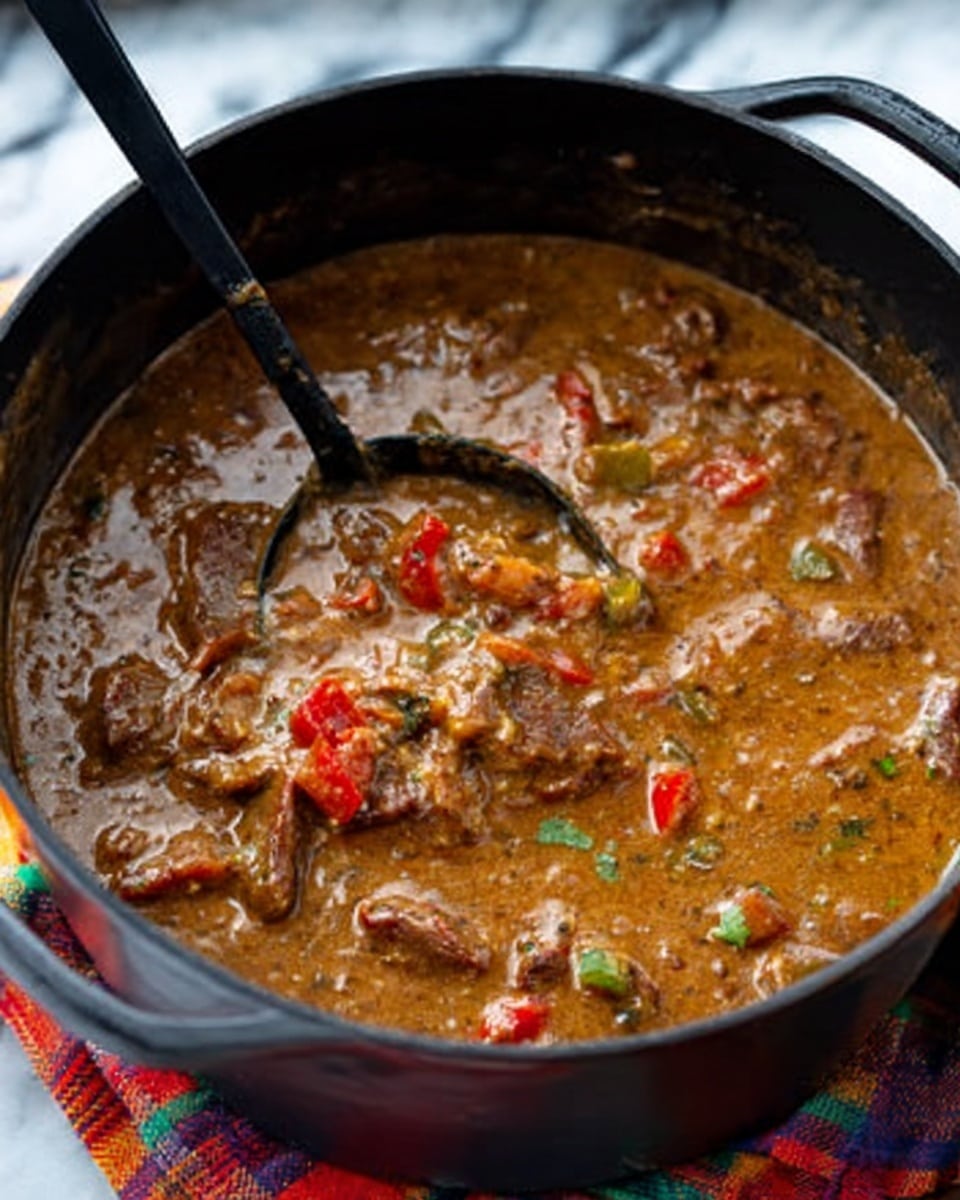A large black pot filled with a thick stew that has chunks of meat and small pieces of red and green vegetables. The stew looks rich and creamy with a brown color and some visible specks of herbs. A black ladle is resting inside the pot, partly submerged in the stew. The pot sits on a white marbled surface with a colorful checkered cloth underneath. The texture of the stew is smooth with some tender meat pieces visible on the surface. photo taken with an iphone --ar 4:5 --v 7