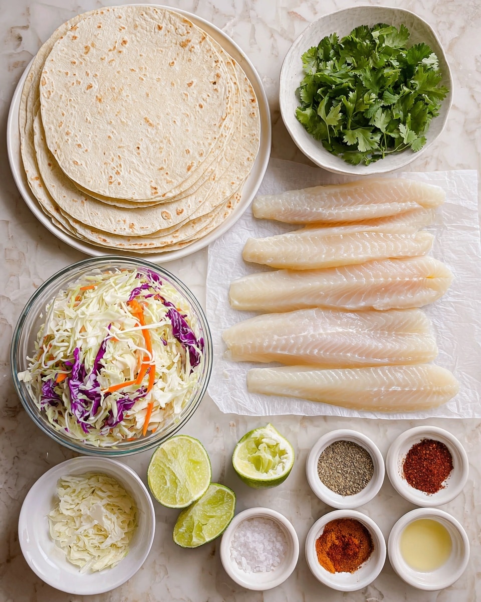 The image shows several ingredients arranged neatly on a white marbled surface. At the top right, there are five pale, raw fish fillets placed on white parchment paper. Below them is a clear glass bowl filled with shredded cabbage mix, including white, purple, and thin orange carrot pieces. To the left of the cabbage is a stack of white corn tortillas on a white plate. Above the tortillas, there is a small white bowl filled with fresh green cilantro leaves. Next to the cilantro, two lime halves sit directly on the surface. Several small white bowls contain different ingredients: one with various spices in red, brown, and green colors, one with minced garlic, one with light pink sauce, one with pale yellow liquid, and another with a mix of black pepper and salt. The items are spaced out giving a clear view of each ingredient. Photo taken with an iphone --ar 4:5 --v 7