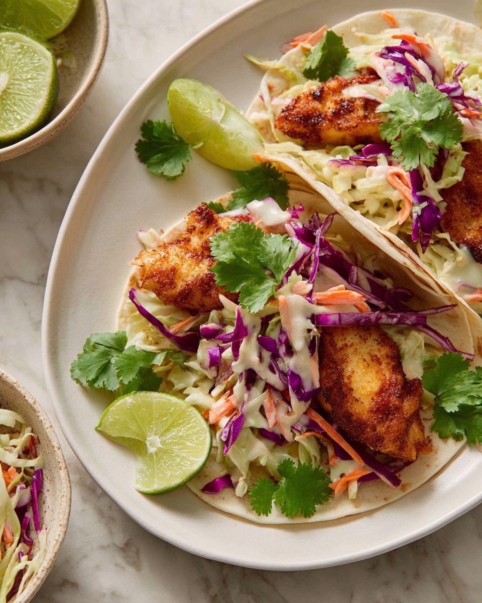The image shows a white oval plate with two fish tacos. Each taco has a soft white tortilla as the base, topped with three pieces of golden-brown seasoned fish showing a crisp texture. Above the fish, there is a layer of colorful slaw made of purple cabbage, white cabbage, and thin carrot slices, mixed with a creamy sauce that adds a light shine. Fresh green cilantro leaves are placed on top and around the tacos for garnish. Two lime wedges with a juicy, pale green color sit on the plate near the tacos. The plate rests on a white marbled surface with parts of a small bowl holding extra lime wedges and a bowl with more slaw visible near the edges of the image. The overall look is fresh, vibrant, and inviting. photo taken with an iphone --ar 4:5 --v 7