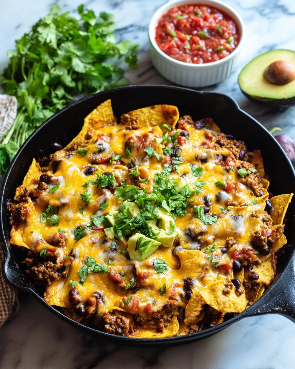 A black skillet filled with one main layer of yellow corn chips topped with a layer of cooked ground beef mixed with black beans and diced vegetables, all covered with melted yellow and white cheese, with some fresh green cilantro leaves scattered on top. In the background on a white marbled surface, there is a halved avocado and fresh green cilantro on the left side, and a white bowl filled with chunky red salsa on the right side. photo taken with an iphone --ar 4:5 --v 7