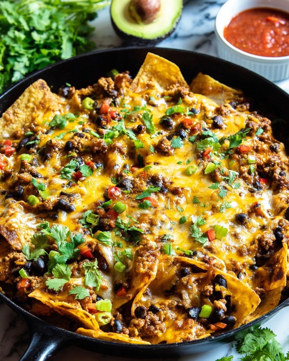 A black skillet filled with nachos layered with yellow melted cheese, browned ground meat, black beans, and small diced green and red peppers. The chips are golden yellow and slightly crisp, peeking through the layers of cheesy and meat topping. Fresh green cilantro leaves are scattered on top for color. Behind the skillet, there is half an avocado, long green herbs, and a white bowl of red salsa on a white marbled surface. Photo taken with an iphone --ar 4:5 --v 7