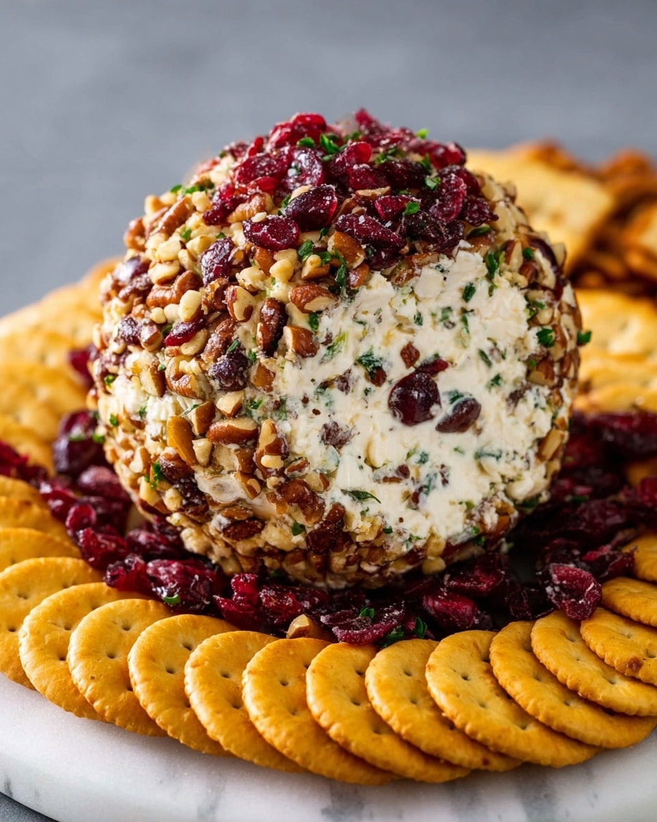 A round cheese ball with many layers sits in the middle on a white marbled surface. The base layer is a white creamy cheese mixed with small green herbs and tiny pieces of nuts visibly spread inside. The outside layer is thickly coated with chopped brown nuts and bright red dried cranberries scattered all around, with some green herbs mixed in. Around the cheese ball, there is a neat ring of golden yellow round crackers placed upright on their edges, forming a circle. Photo taken with an iphone --ar 4:5 --v 7