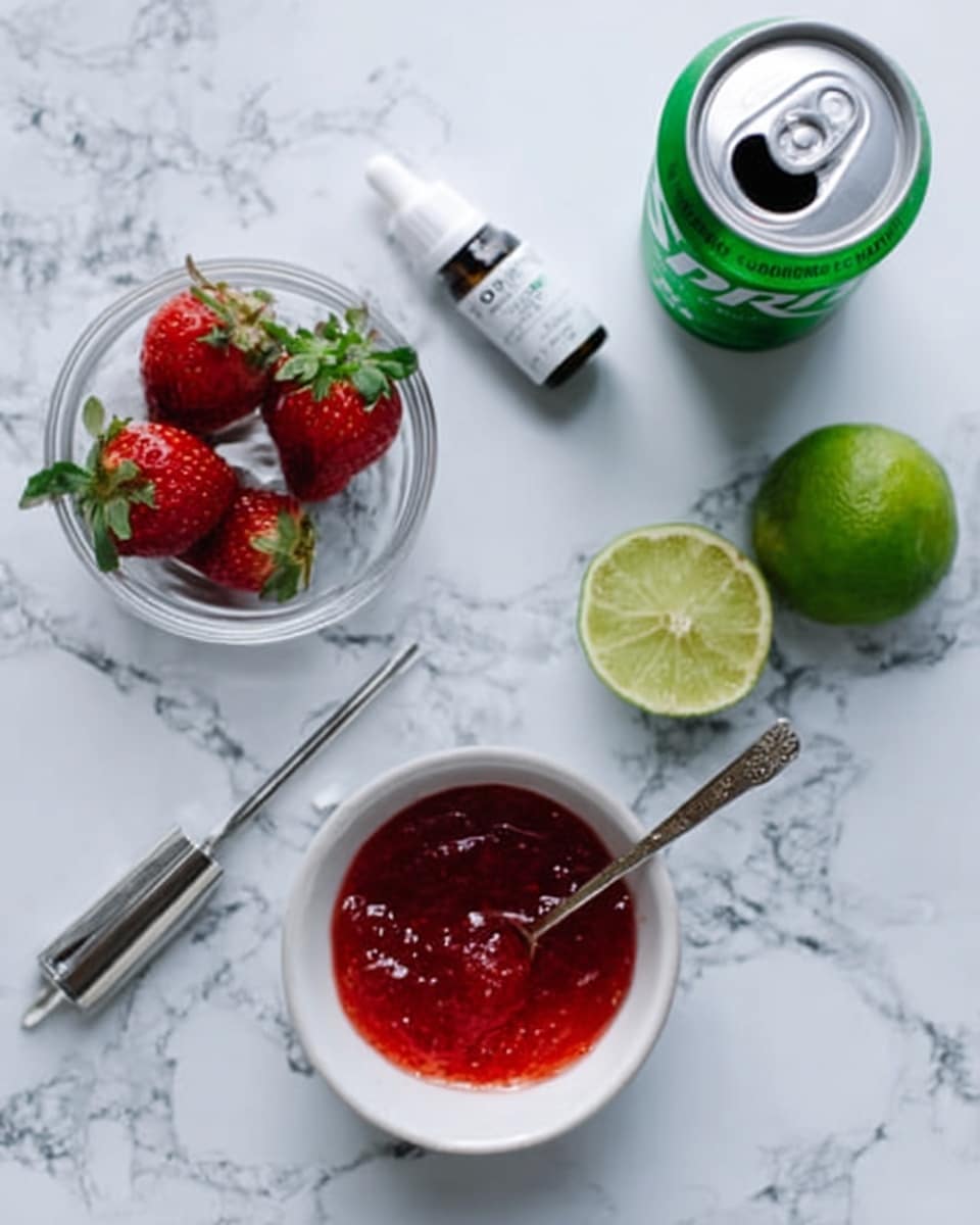 The image shows a white marbled surface with several items arranged on it. There is a white bowl filled with red strawberry jam topped with a silver spoon on the right side. Next to the bowl are two halves of a lime with a bright green color. Above the limes is a small white dropper bottle. On the left side, there is a glass bowl holding two fresh red strawberries with green leaves. To the far left is an open can of Sprite soda, with green and white colors. A silver utensil lies horizontally near the strawberries and limes. The scene is clean and bright with natural lighting, photo taken with an iphone --ar 4:5 --v 7