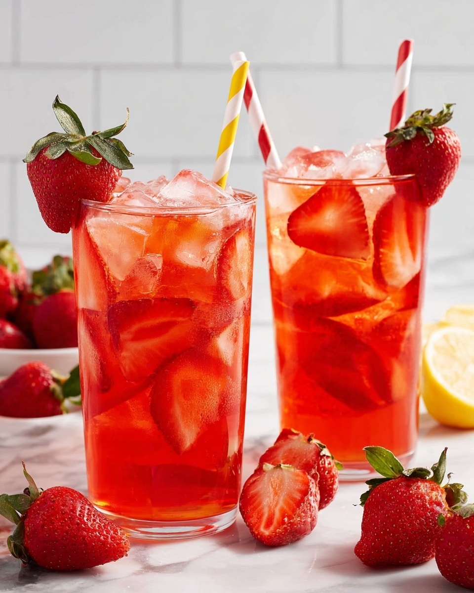 The image shows a clear glass filled with a bright red drink mixed with crushed ice. At the bottom of the glass, there is a layer of finely crushed red fruit pieces, and above that, the icy layer creates a frosty texture with small air bubbles. On top, a halved fresh red strawberry is placed inside the drink, showing its seeds and white center. Around the glass, there are fresh whole strawberries on a white marbled surface. The photo was taken with an iphone --ar 4:5 --v 7