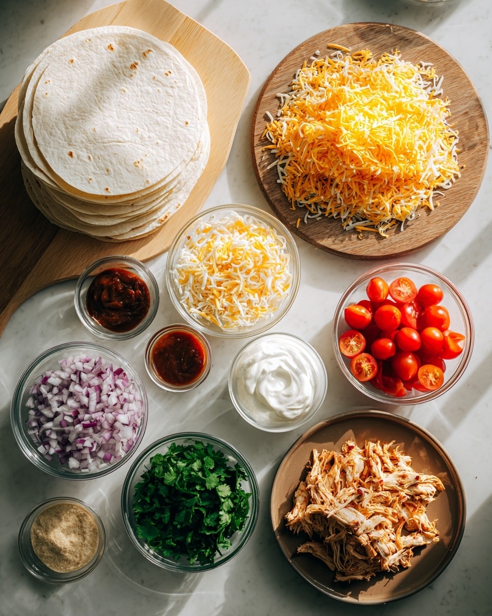 The image shows an overhead view of ingredients for making tacos, all laid out on a white marbled surface. On the left side, there is a stack of white tortillas placed on a wooden board. Next to it on the right, there is a round wooden plate with a pile of shredded yellow and white cheddar cheese. Above that, a white bowl holds a dollop of sour cream with a smooth texture. To the right of the sour cream, a brown plate contains shredded cooked chicken with a slightly reddish seasoning. Surrounding these are several glass bowls holding various ingredients: two bowls of shredded cheese, one bowl of finely chopped red onions with purple and white pieces, one large bowl of small red cherry tomatoes, and one bowl of chopped leafy green cilantro. Among these bowls, there are also three small containers with different sauces: a dark brown sauce, a red chunky salsa, and a light beige minced garlic mixture. The lighting creates soft shadows across the setup, and there is no visible woman's hand in the frame. photo taken with an iphone --ar 4:5 --v 7