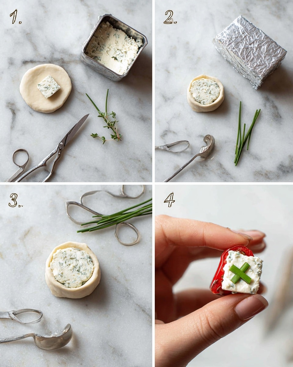 The image shows four steps of making a small snack on a white marbled surface. Step 1 has a small round dough base with a square metal cutter on top, and a spoon with soft white herb cheese nearby, along with a larger block of the same cheese wrapped in plastic. Step 2 features the same round dough with a square piece of white herb cheese placed in the center, the metal cutter is now empty and beside it. Step 3 shows the dough and cheese topped with two small green chive pieces crossed like a plus sign, with scissors and a chive stem nearby. Step 4 zooms in on a woman's fingers holding a small red chili pepper stuffed with soft white cheese filling. photo taken with an iphone --ar 4:5 --v 7