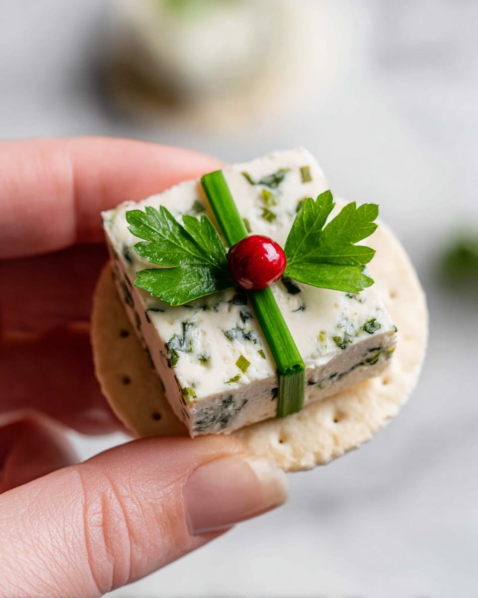 A small round white cracker serves as the base layer, on top of which rests a square piece of white cheese with green herbs mixed inside its texture. The cheese is decorated with two green chive stalks crossed in the center, fresh green parsley leaves placed beneath the chives, and a single small red berry sitting at the middle of the crossed chives. A woman's hand is gently holding the cracker from the bottom and side. The background is a soft, out-of-focus white marbled texture. photo taken with an iphone --ar 4:5 --v 7