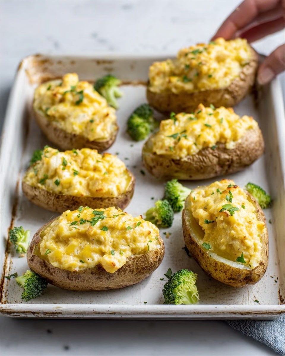 The image shows six baked potato halves arranged on a white metal tray with a slight sheen. Each potato half is filled with a creamy, yellow mixture that looks soft and fluffy, with some small green herbs sprinkled on top. The potato skins are a medium brown, slightly rough in texture, and they hold the thick creamy filling well. Small pieces of broccoli add a touch of green color around the potatoes on the tray. The background is a white marbled surface that contrasts softly with the tray and potatoes. A woman's hand lightly touches one potato at the top right corner. photo taken with an iphone --ar 4:5 --v 7