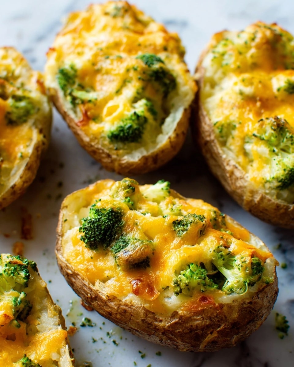 The image shows four baked potato halves placed closely on a white marbled surface. Each potato half is hollowed out and filled with a mix of green broccoli florets and melted yellow cheese that covers the top generously, creating a bubbly and slightly browned texture. The potato skins are light brown and have a rough texture, contrasting with the soft and cheesy filling. There are small bits of green broccoli scattered around the potatoes on the surface. The scene looks warm and inviting, highlighting the golden, melted cheese with hints of green from the broccoli. Photo taken with an iphone --ar 4:5 --v 7