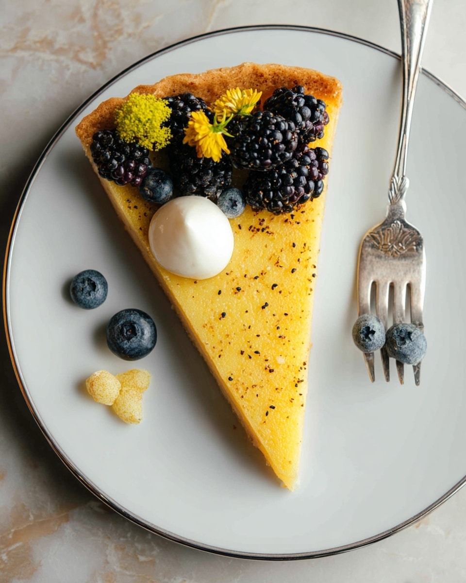 A single slice of golden yellow pie with a light brown crust at the thick end sits on a white plate with a thin silver edge. The pie top has tiny dark specks scattered across it. On the wide end of the slice, there are fresh blackberries, blueberries, small yellow flowers, and a small dollop of white cream. Near the narrow end of the slice on the plate, there are two blueberries and a small pale yellow candy. A silver fork with four prongs is placed on the plate next to the pie slice. The plate is set on a surface with a white marbled texture photo taken with an iphone --ar 4:5 --v 7