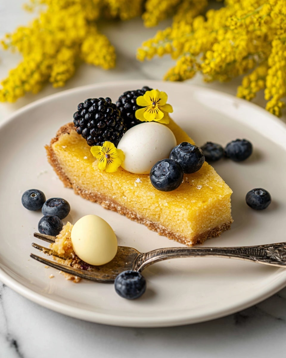 A slice of yellow tart with a slightly rough texture sits in the center of a white plate on a white marbled surface. The tart has a light brown crust at the bottom. On top of the tart, there is a small smooth dollop of white cream, with three blueberries and one blackberry nestled beside it, along with tiny bright yellow flowers adding color and detail. Next to the tart on the plate, there are two white oval-shaped candies, one yellow oval-shaped candy, and three loose blueberries. A vintage silver fork holds a small piece of the tart, showing the soft and dense inside. The background is softly blurred with more yellow flowers visible. Photo taken with an iphone --ar 4:5 --v 7