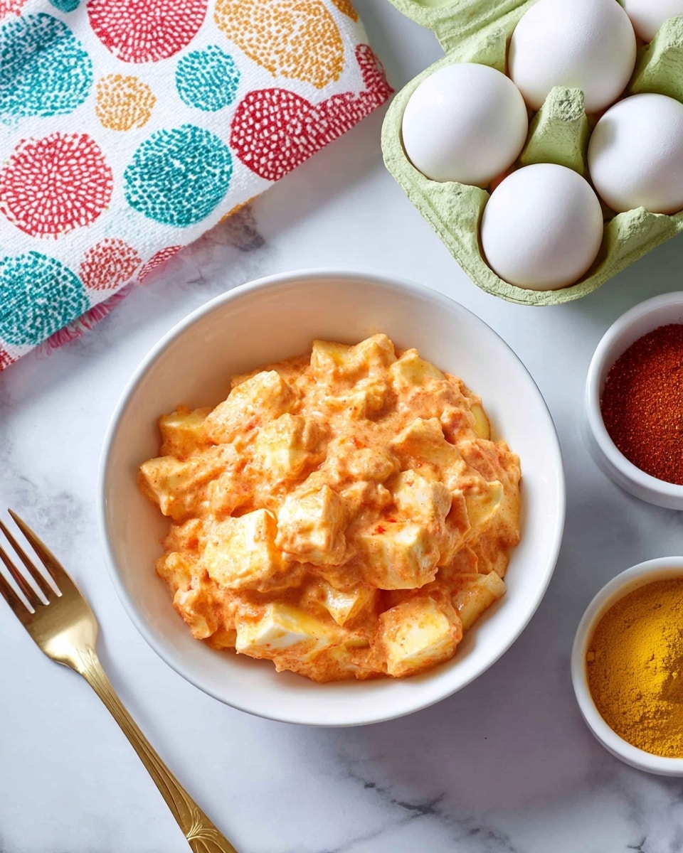 The image shows a white bowl filled with an orange creamy salad that has chunks of egg mixed in. The salad's texture looks thick and slightly lumpy with a smooth, rich sauce covering the pieces. The bowl is placed on a white marbled surface and is accompanied by a small white bowl of ground red spice and another bowl with a yellow powder. To the right of the bowl, there is a carton with whole white eggs, and above it, a portion of a colorful towel with red, blue, green, and orange shapes is visible. A gold fork rests next to the bowl. The overall setting is bright and clean with a fresh look. photo taken with an iphone --ar 4:5 --v 7