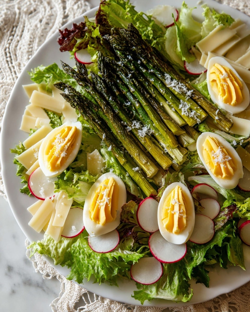 A white plate holds a fresh salad with three main layers: the base is a mix of light green and dark green curly lettuce leaves, the middle layer features several slices of thin, red-edged white radishes and thin pale yellow cheese slices scattered across, and the top layer includes multiple charred green asparagus stalks placed neatly. On top, there are three halved boiled eggs filled with a swirled yellow yolk mixture, each garnished with a small sprinkle of white salt crystals. The plate is set on a white marbled surface with a piece of lace fabric visible at the edge. Photo taken with an iphone --ar 4:5 --v 7