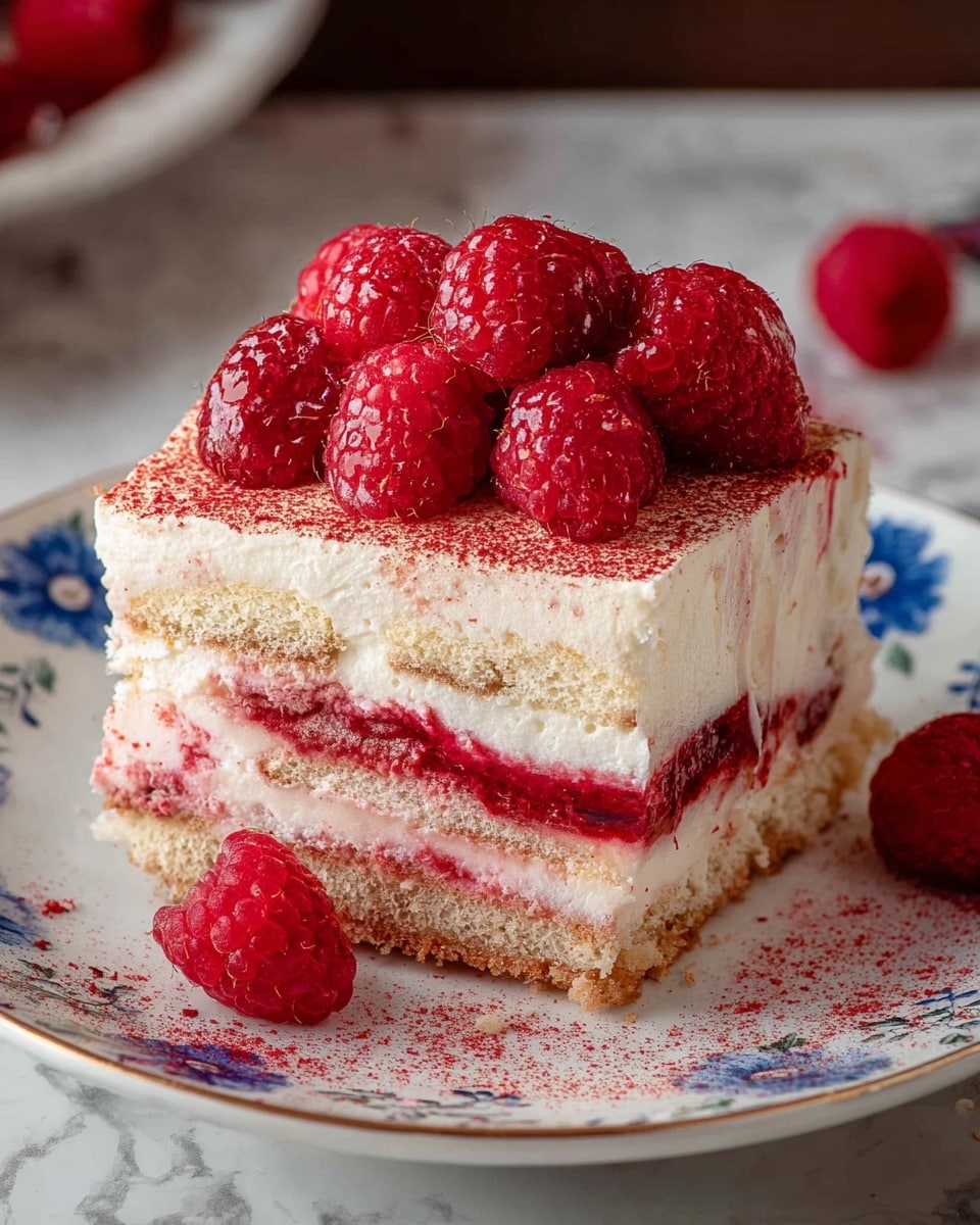 A slice of layered dessert with four clear levels sits on a white plate with blue flower patterns, placed on a white marbled surface. The bottom layer is a light brown crumbly base, followed by a thick white creamy layer with bits of red mixed in. Above this is a light sponge-like layer soaked in red syrup, then another thick white creamy layer dusted with a red powder on top. Fresh bright red raspberries are heaped on the top layer, with a couple of loose raspberries scattered around the plate. The texture looks soft and moist with vibrant red and white colors contrasted by the light brown base photo taken with an iphone --ar 4:5 --v 7