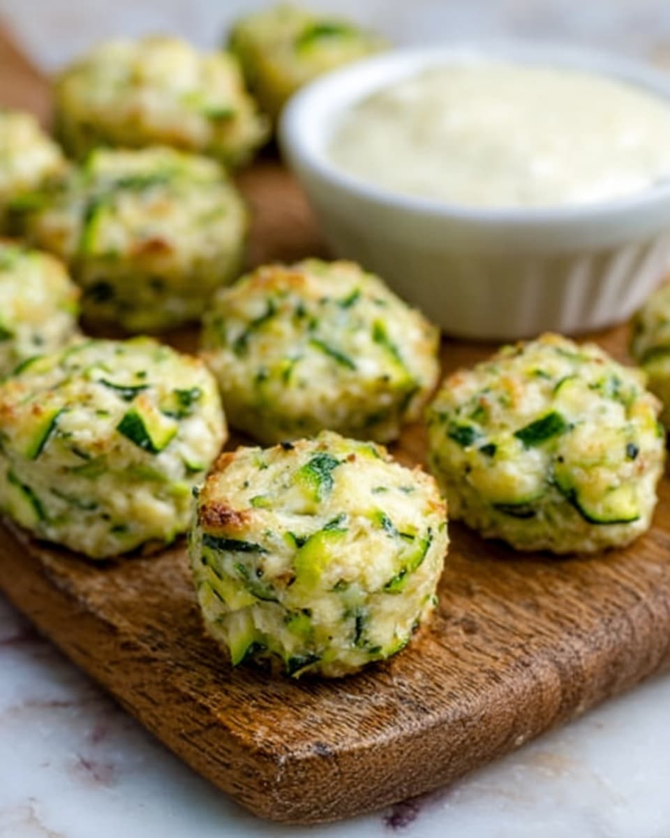 The image shows a wooden board holding small round patties made of chopped green zucchini and white cheese. Each patty has a rough texture with visible bits of both green and white ingredients mixed together. The patties are evenly shaped and have a slight golden brown color on the top from cooking. In the background, there is a white bowl with a creamy white sauce. The surface beneath the board has a white marbled texture. Photo taken with an iphone --ar 4:5 --v 7