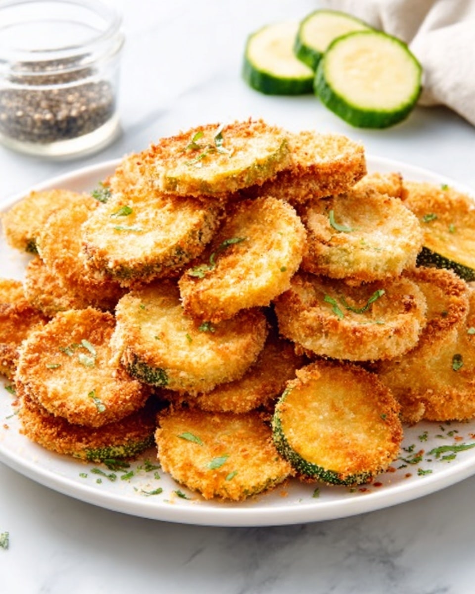 The image shows a white plate piled high with golden brown, round fried zucchini slices with a crispy breadcrumb coating. The zucchini pieces are stacked in a loose pile, and you can see a few green zucchini slices leaning against a glass jar of black pepper in the background. The plate is placed on a white marbled surface, and there are small green herb sprinkles scattered on and around the zucchini slices for a fresh look. photo taken with an iphone --ar 4:5 --v 7