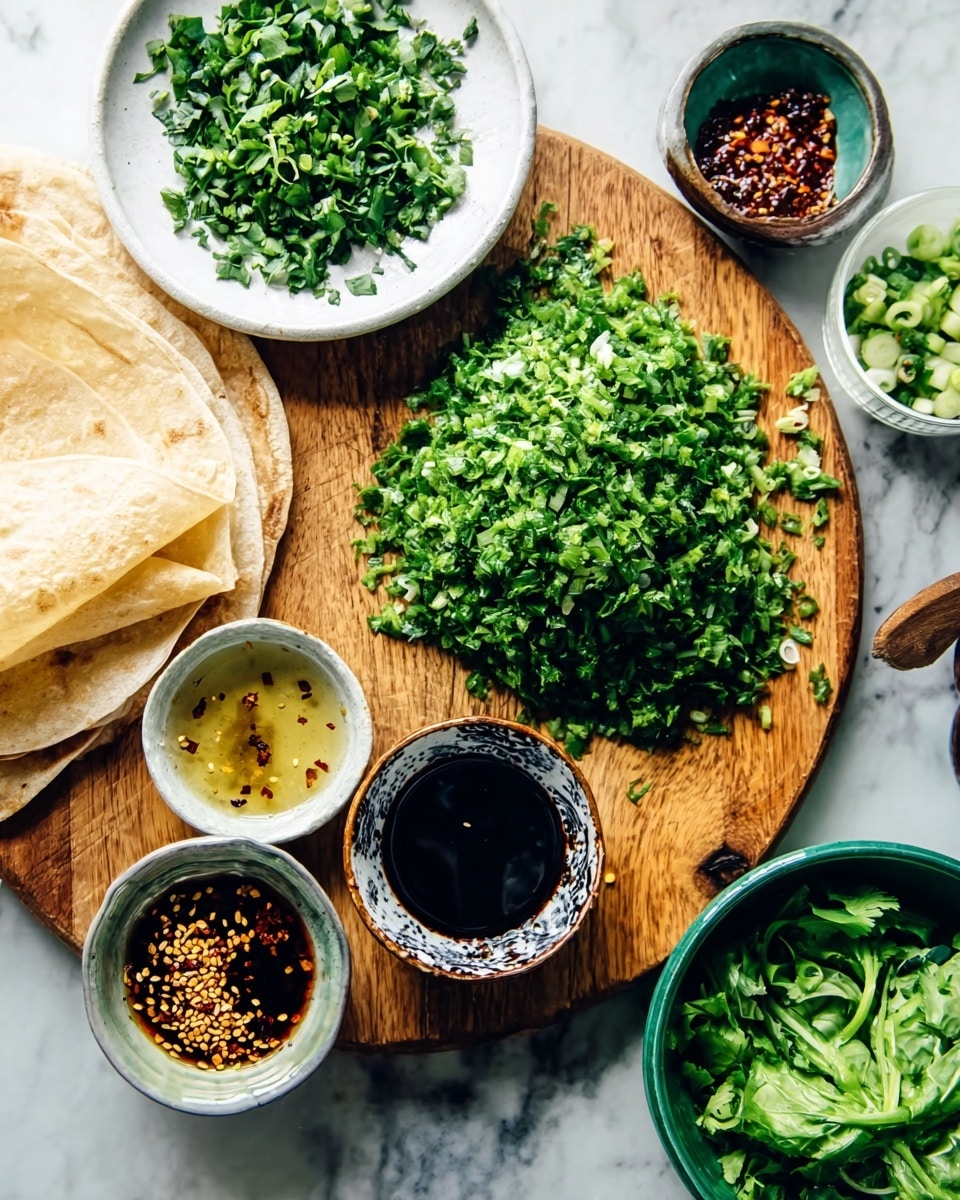 The image shows a wooden board placed on a white marbled surface, with various bowls and plates arranged on it. There is a white plate filled with chopped green herbs near the top center, and to the right, a large pile of finely chopped green vegetables spread directly on the wooden board. Below these, three small bowls hold different sauces or condiments: one dark, one with chili flakes, and one light-colored liquid with sesame seeds. On the left side of the board, a light-colored folded flatbread is partially visible. At the bottom right, a green bowl contains chopped leafy greens. The colors are fresh and vibrant, mostly green with accents from the sauces. Photo taken with an iphone --ar 4:5 --v 7