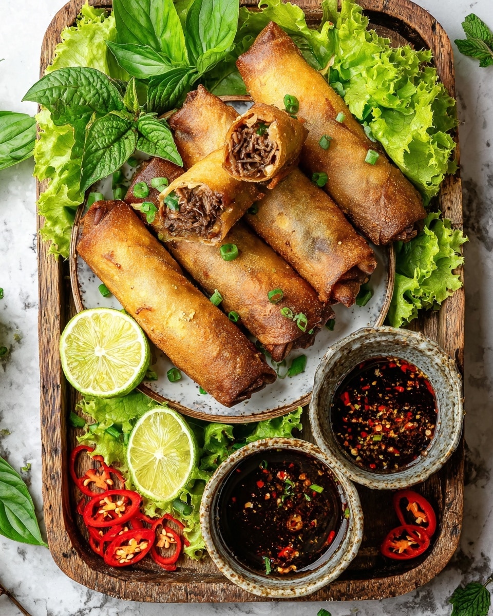 A rustic wooden tray holds a white plate layered with five golden-brown fried spring rolls, arranged close together with one spring roll on top showing a dark brown meat filling mixed with green herbs. The spring rolls are sprinkled with bright green chopped spring onions. Fresh green lettuce leaves and glossy basil leaves surround the spring rolls on the plate, along with thin slices of red chili and lime wedges. On the tray next to the plate, there are two small ceramic bowls filled with dark chili sauce speckled with chili flakes and seeds. The whole scene is set on a white marbled surface. photo taken with an iphone --ar 4:5 --v 7