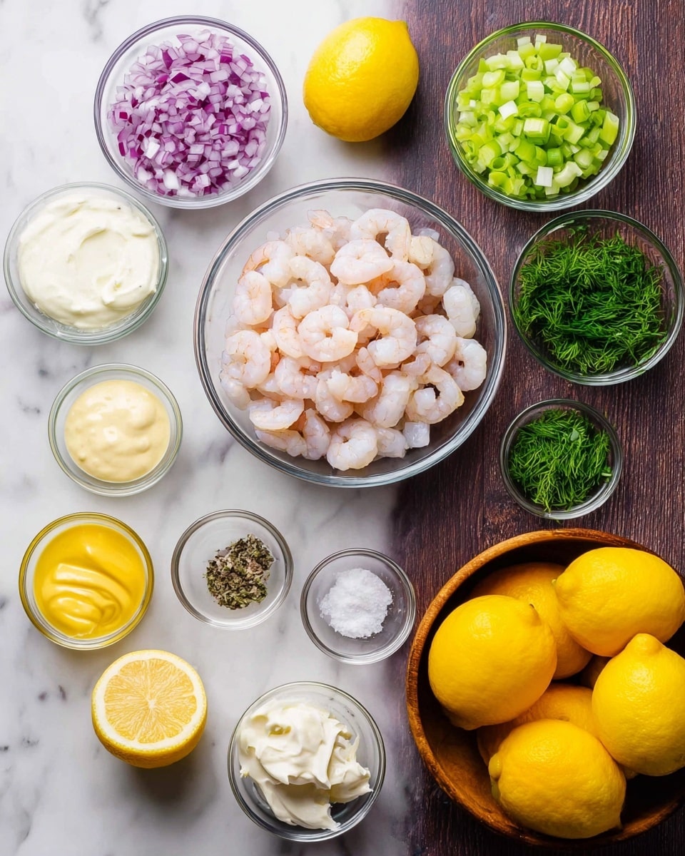 The image shows various ingredients laid out on a white marbled surface. In the center, there is one clear glass bowl filled with small, light pink shrimp. Surrounding it are several smaller clear bowls: one with finely chopped red onions, one with finely chopped green celery, one with mayonnaise-like white sauce, one with yellow mustard sauce, one with finely chopped fresh green dill, one with minced garlic, one with salt, one with black pepper, and one containing a light liquid, likely lemon juice. Around these bowls, there are lemon halves and a whole bulb of garlic, and to the right, a wooden bowl filled with whole yellow lemons sits on the surface. The overall scene is neat and colorful. photo taken with an iphone --ar 4:5 --v 7